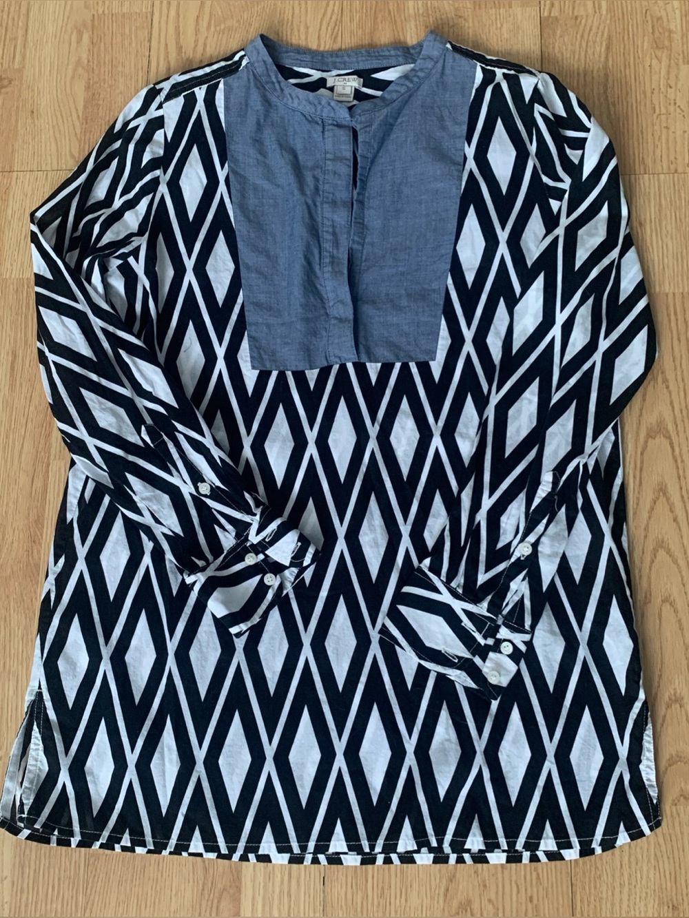 J Crew Top Women’s Size S Black White Diamond Pullover Sheer Tunic 100% cotton